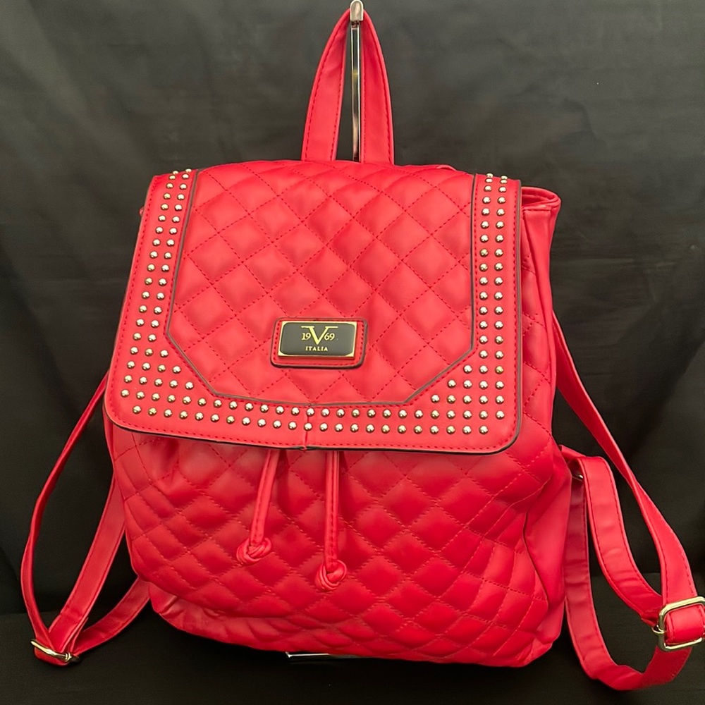 V 1969 Italia Red Leather Quilted Studded Adjustable Backpack Purse Bag